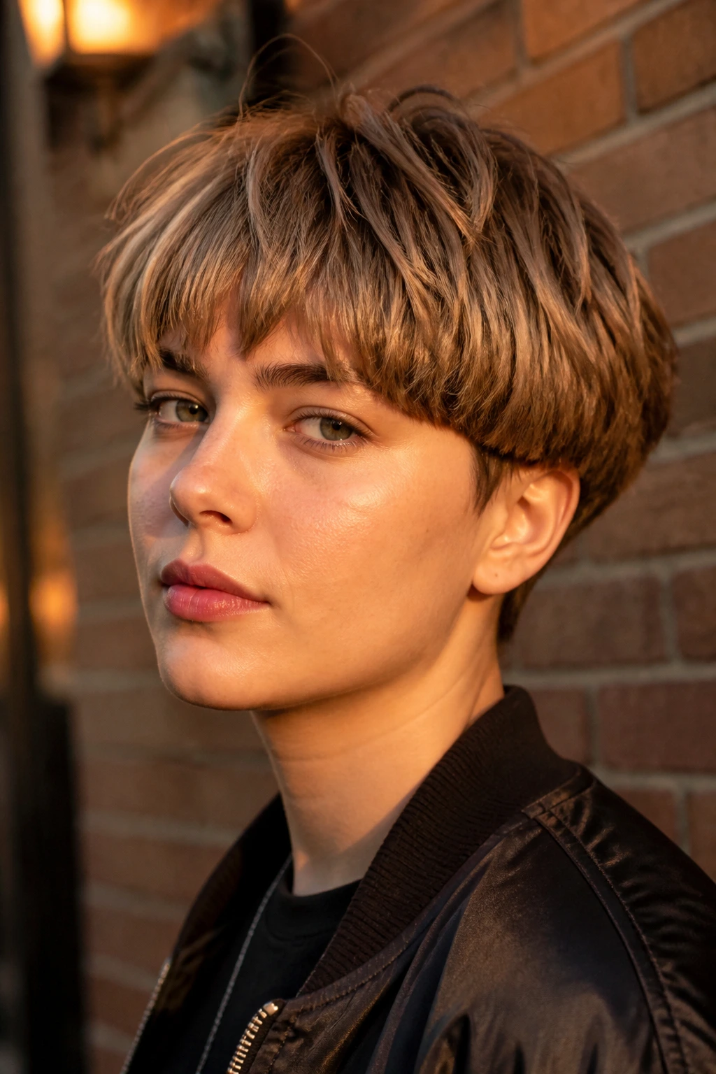 Portrait of a real person with a modern layered bowl cut showing soft layers and crown texture