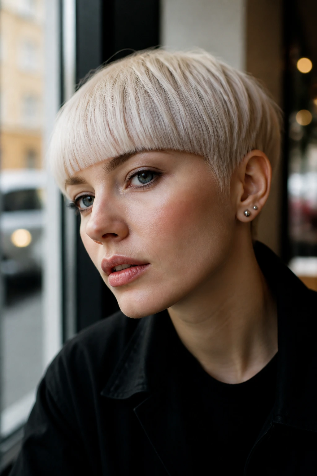 Close-up portrait of a real woman with a bowl-cut inspired modern pixie in platinum.