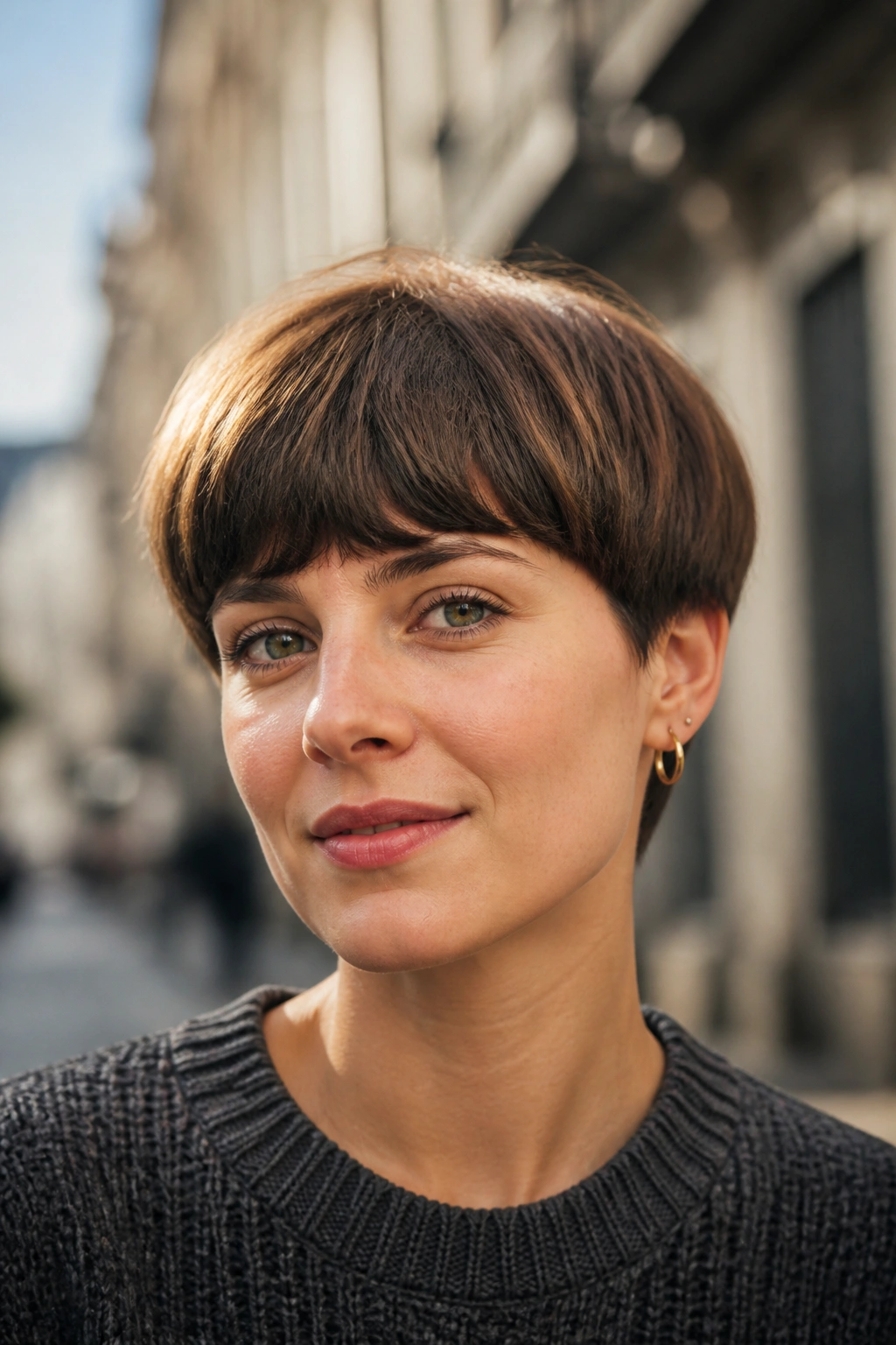 Close-up portrait of a woman with a bowl-cut-inspired pixie outdoors