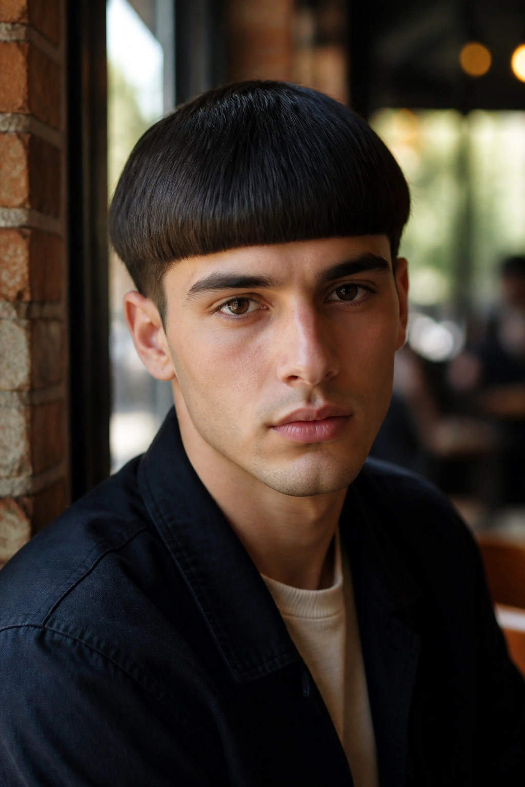 Close-up portrait of a man with a classic blunt bowl cut in a cafe setting
