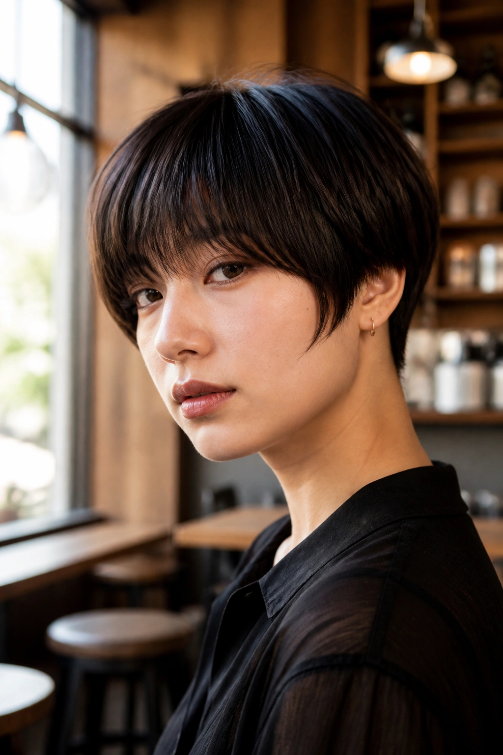 Close-up portrait of a real person with a modern asymmetrical bowl cut and soft edges.