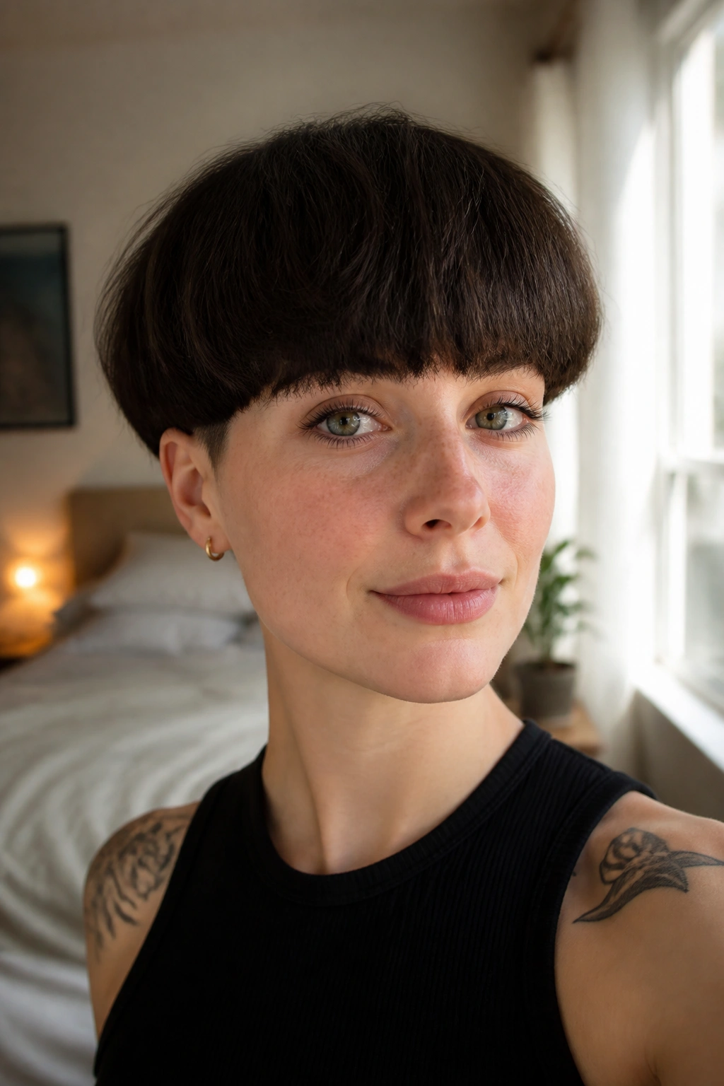 Close-up portrait of a real woman with a bowl cut and hidden undercut, front view, warm window light.