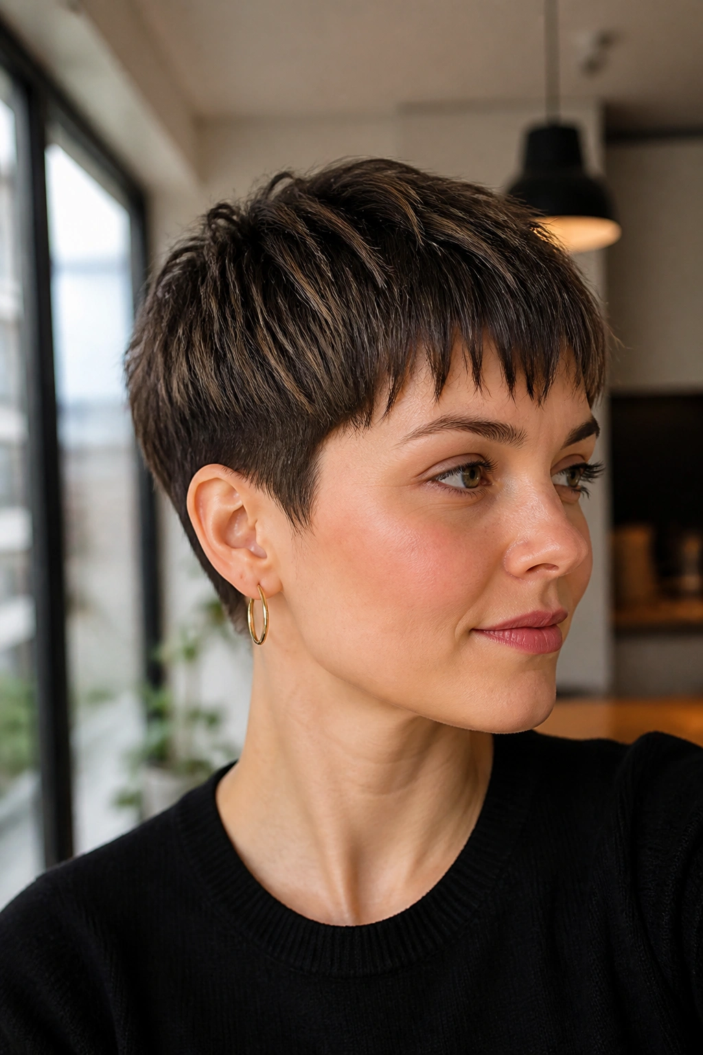Real woman with a bowl-inspired modern pixie, soft fringe and textured crown.