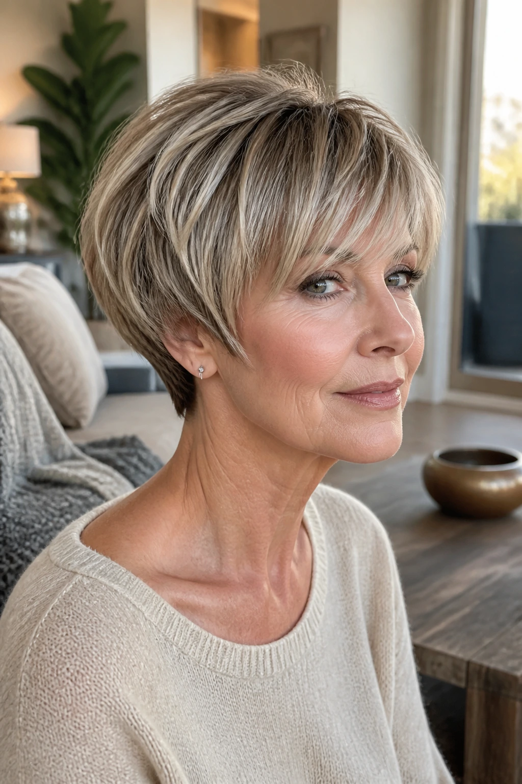 Three-quarter portrait of person with soft bowl-pixie stacked back