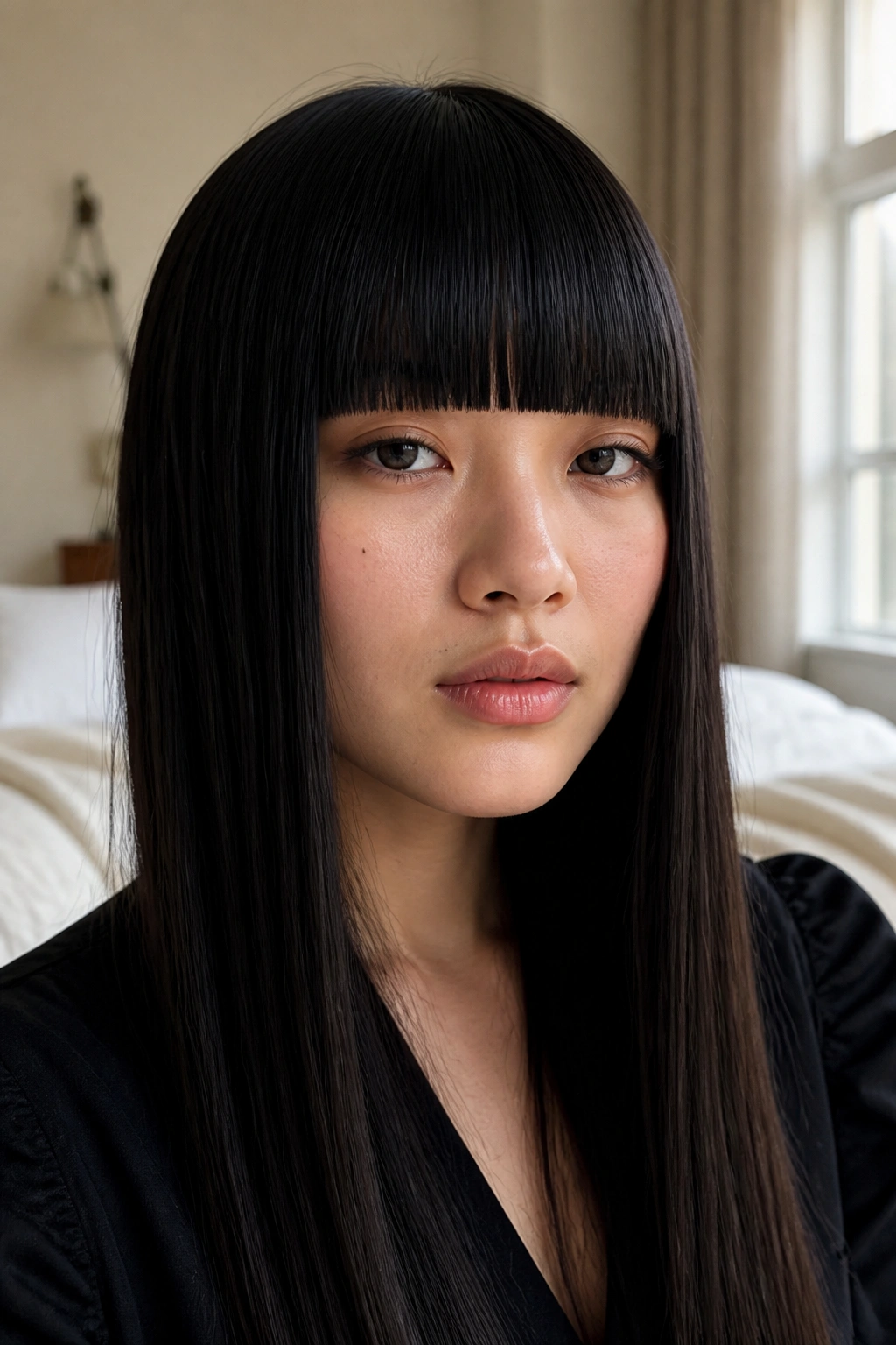 Close-up portrait of a real woman with box bangs on pin-straight hair in warm window light