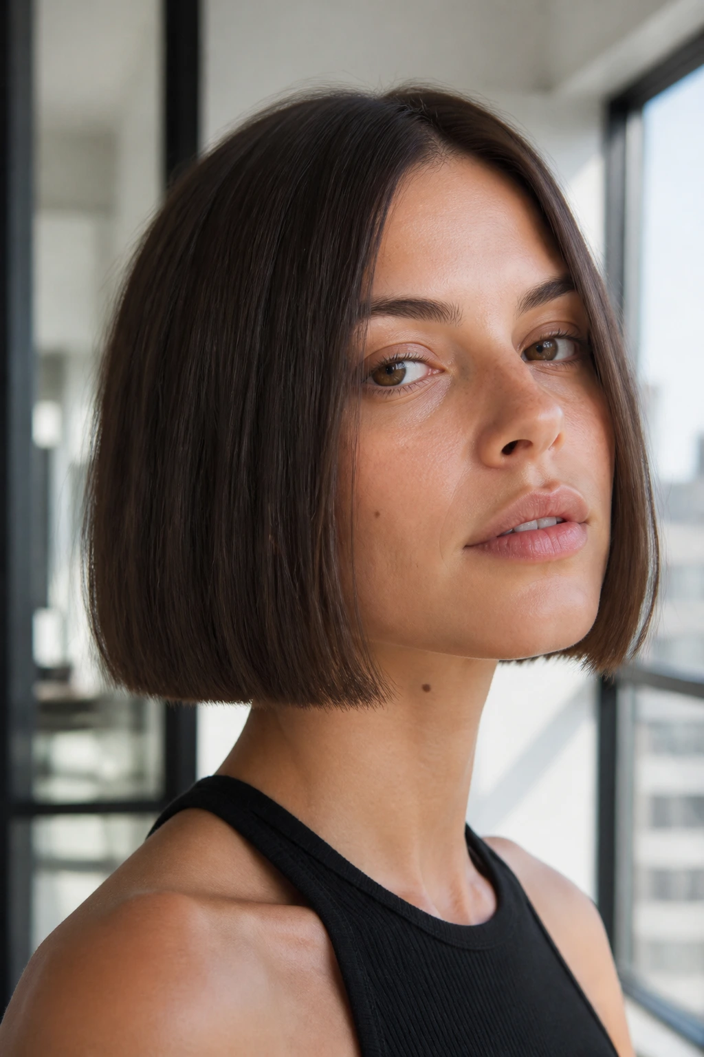Real woman with blunt box bob highlighting sharp perimeter