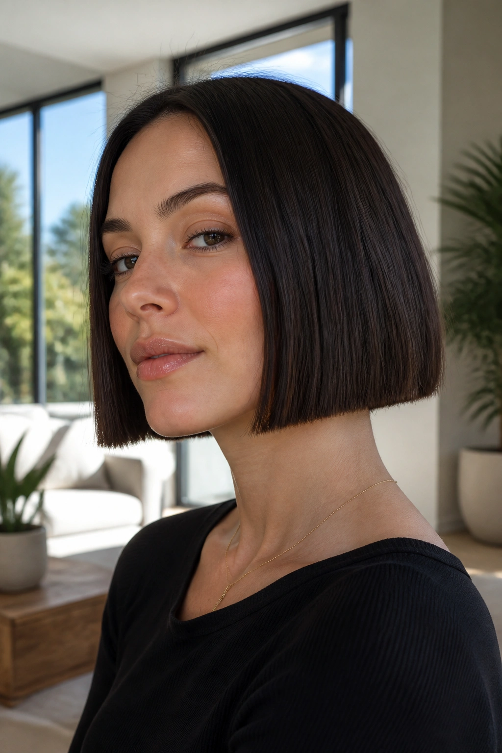 Real woman with blunt-edged box bob; even perimeter for density.