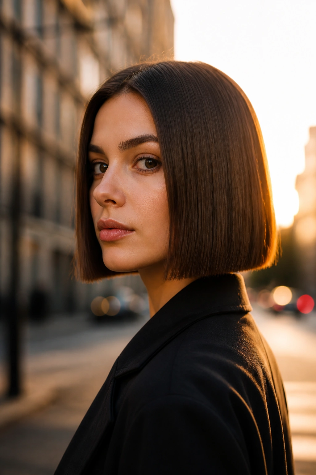 Close-up of a real woman with box bob on an urban street at golden hour