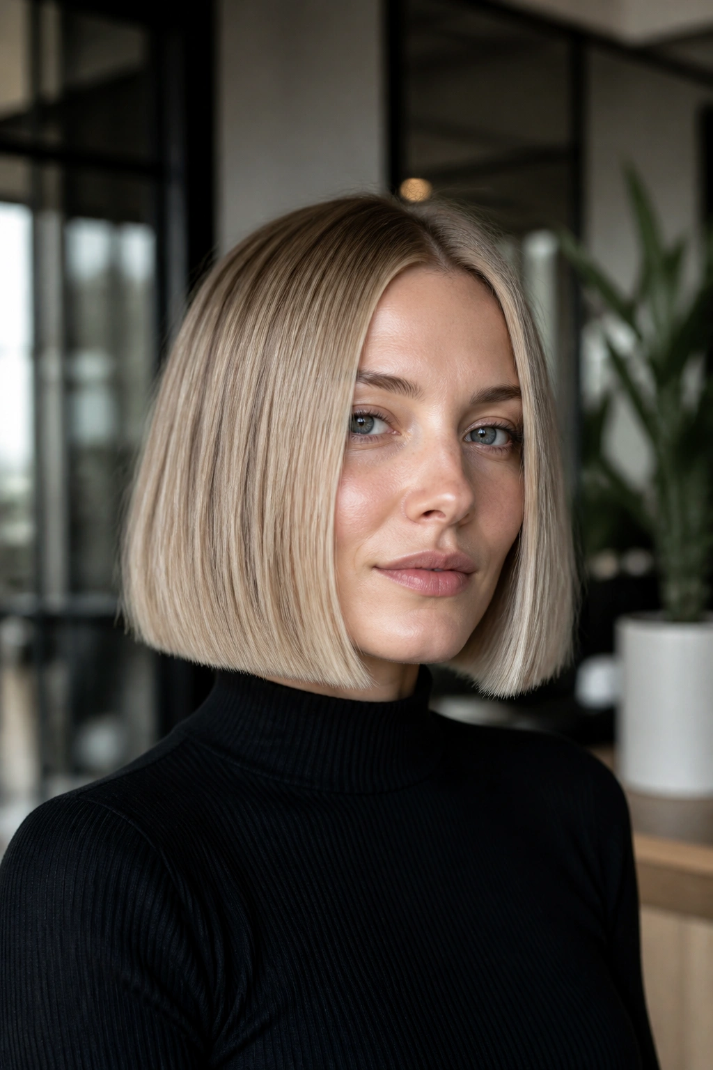 Portrait of a real woman with a box bob and clean geometric lines in cool blonde.