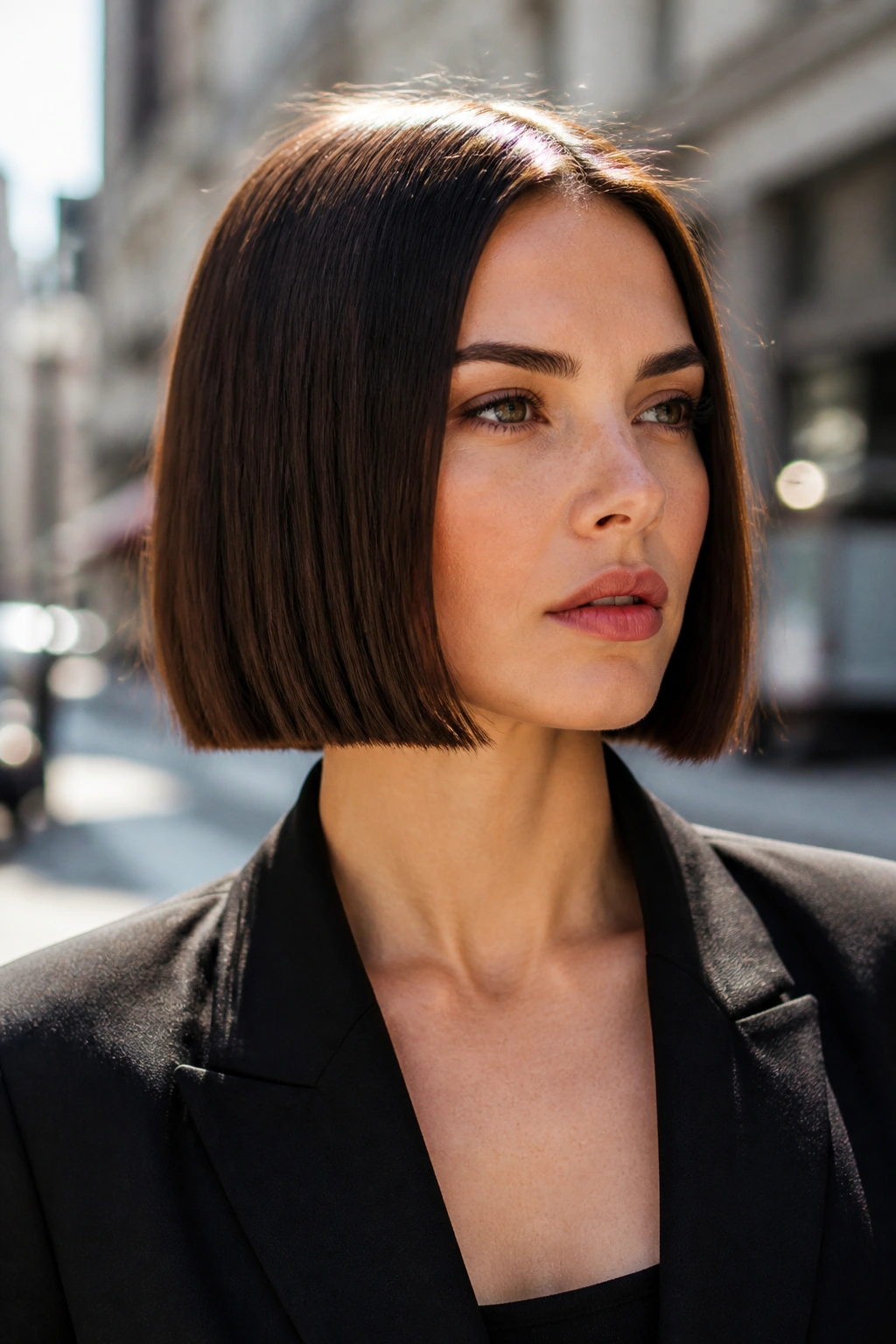 Close-up of real woman with a box bob and clean perimeter