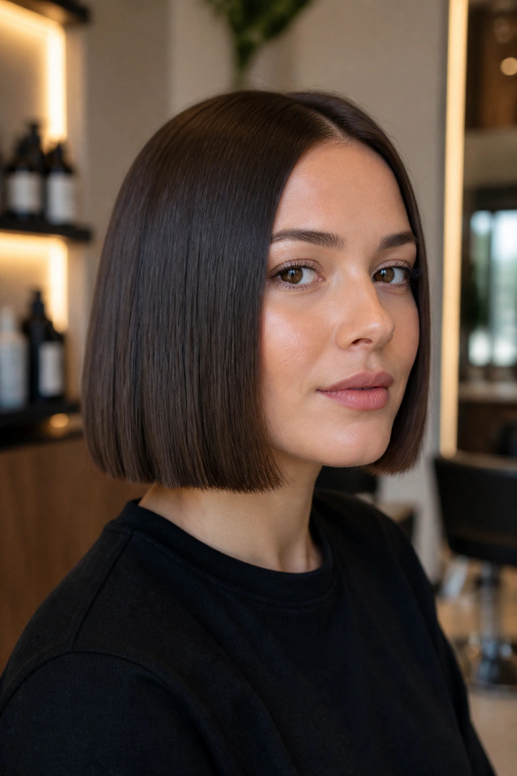 Box bob with crisp edges on a real person, close-up portrait highlighting blunt square silhouette.