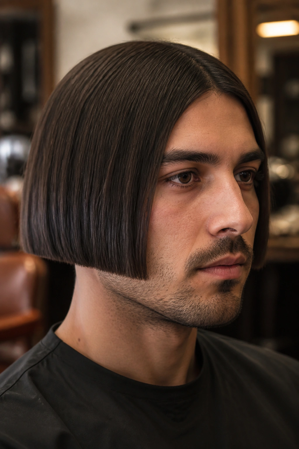 Close-up portrait of a man with a box bob haircut showing crisp square edges in a warm barber shop setting.