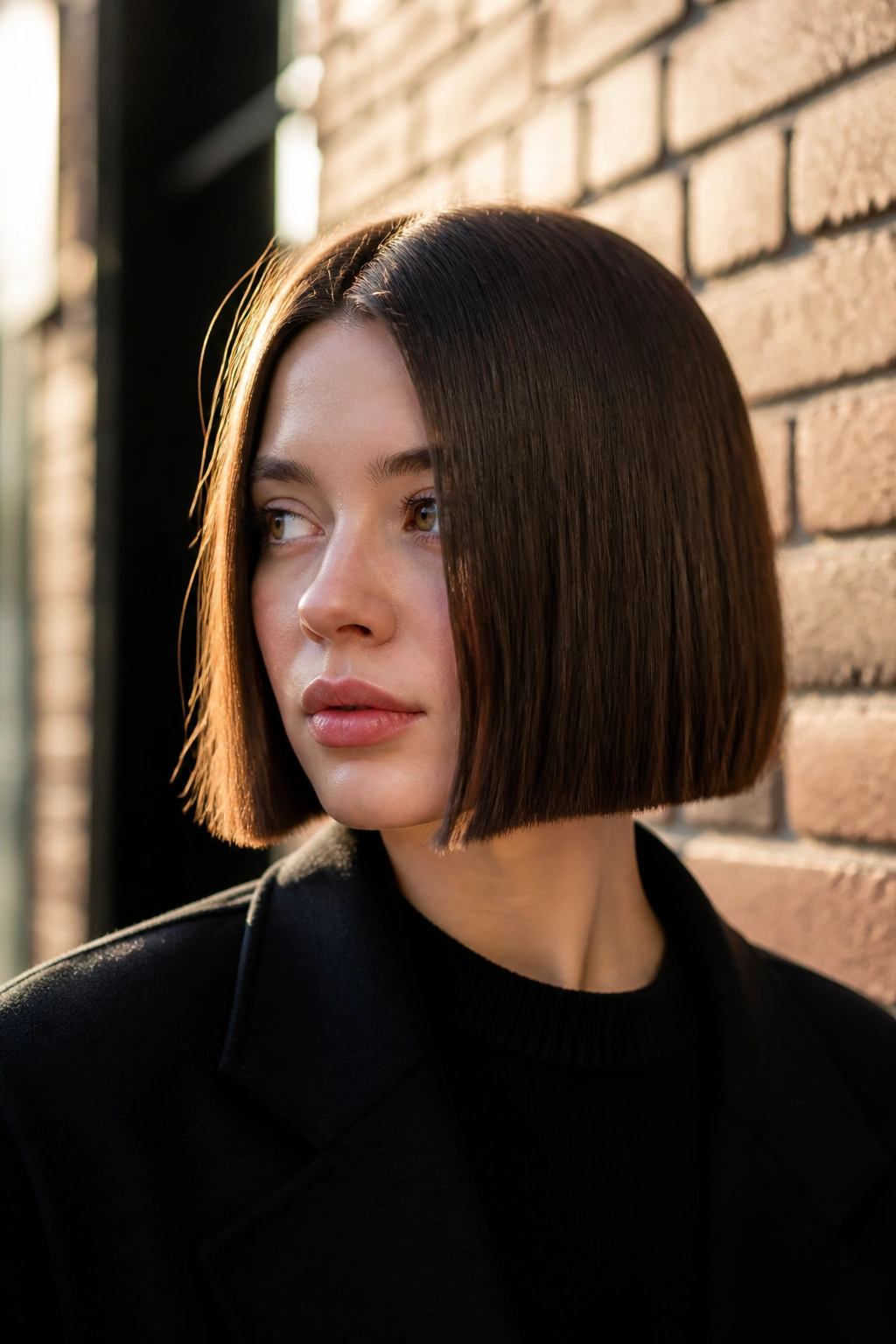 Medium close-up real woman with box bob and crisp square outline on outdoor street