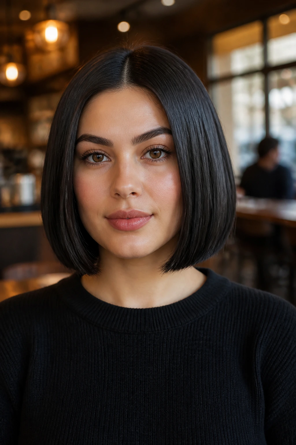 Close-up portrait of a real person with a box bob hairstyle and hidden undercut