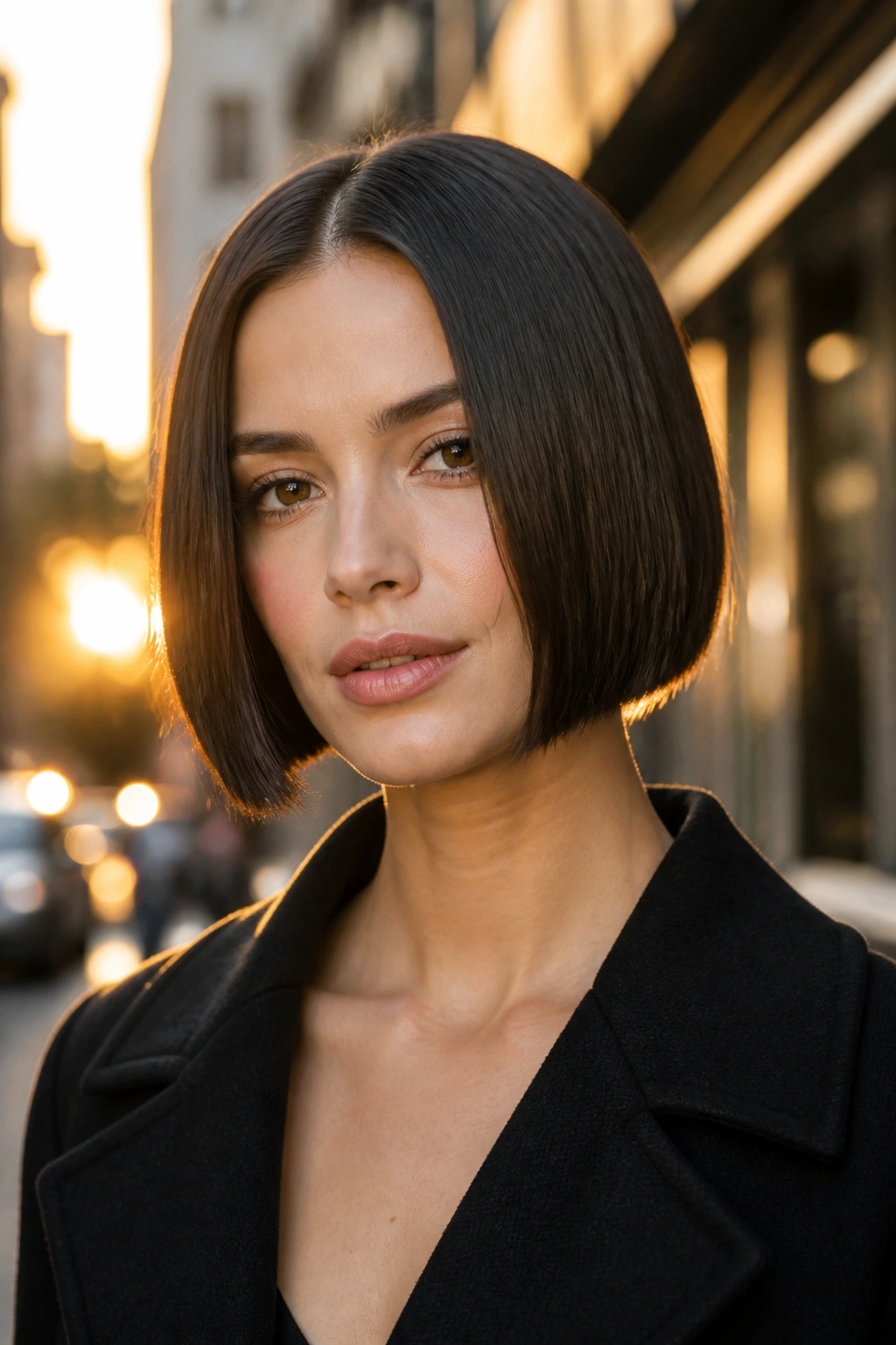 Close-up of a real woman with a boxy jaw-length bob in golden hour light.