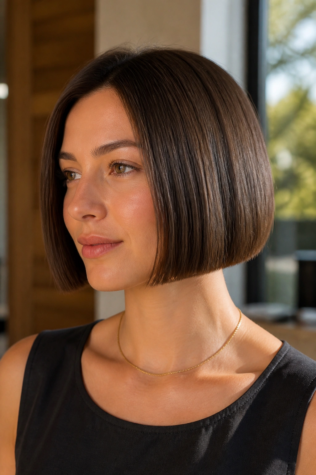 Close-up portrait of a real woman with a blunt jaw-length box bob, strong square perimeter.