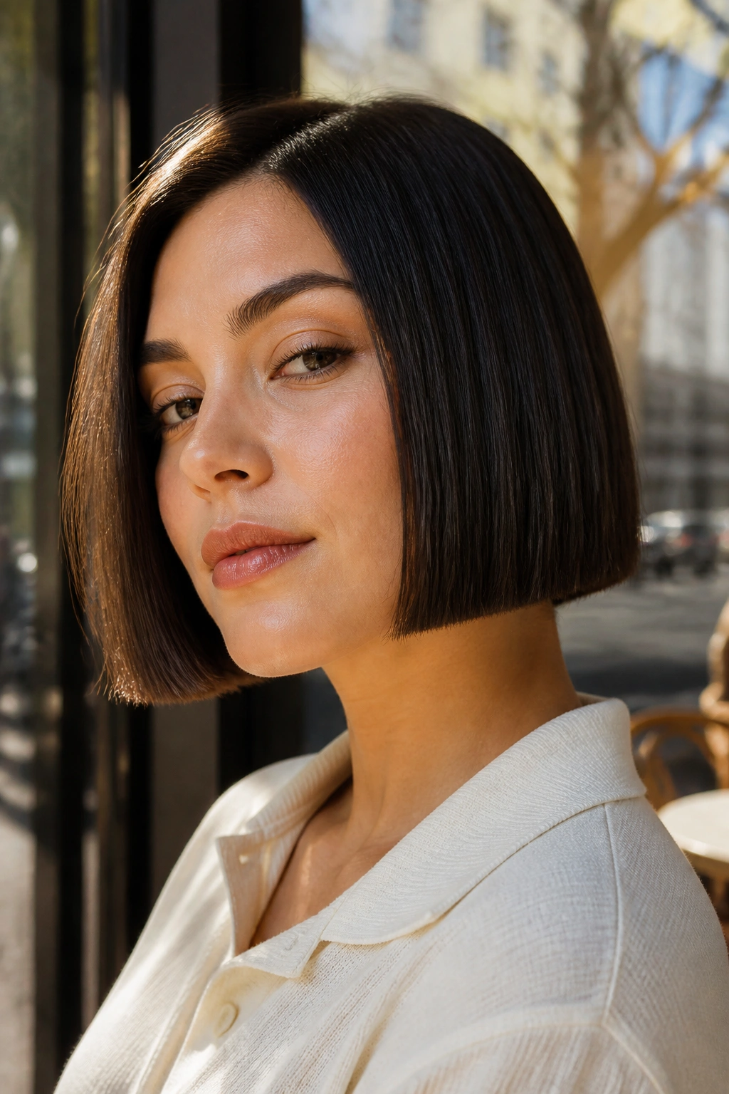 Close-up portrait of a real woman with a jaw-length box bob