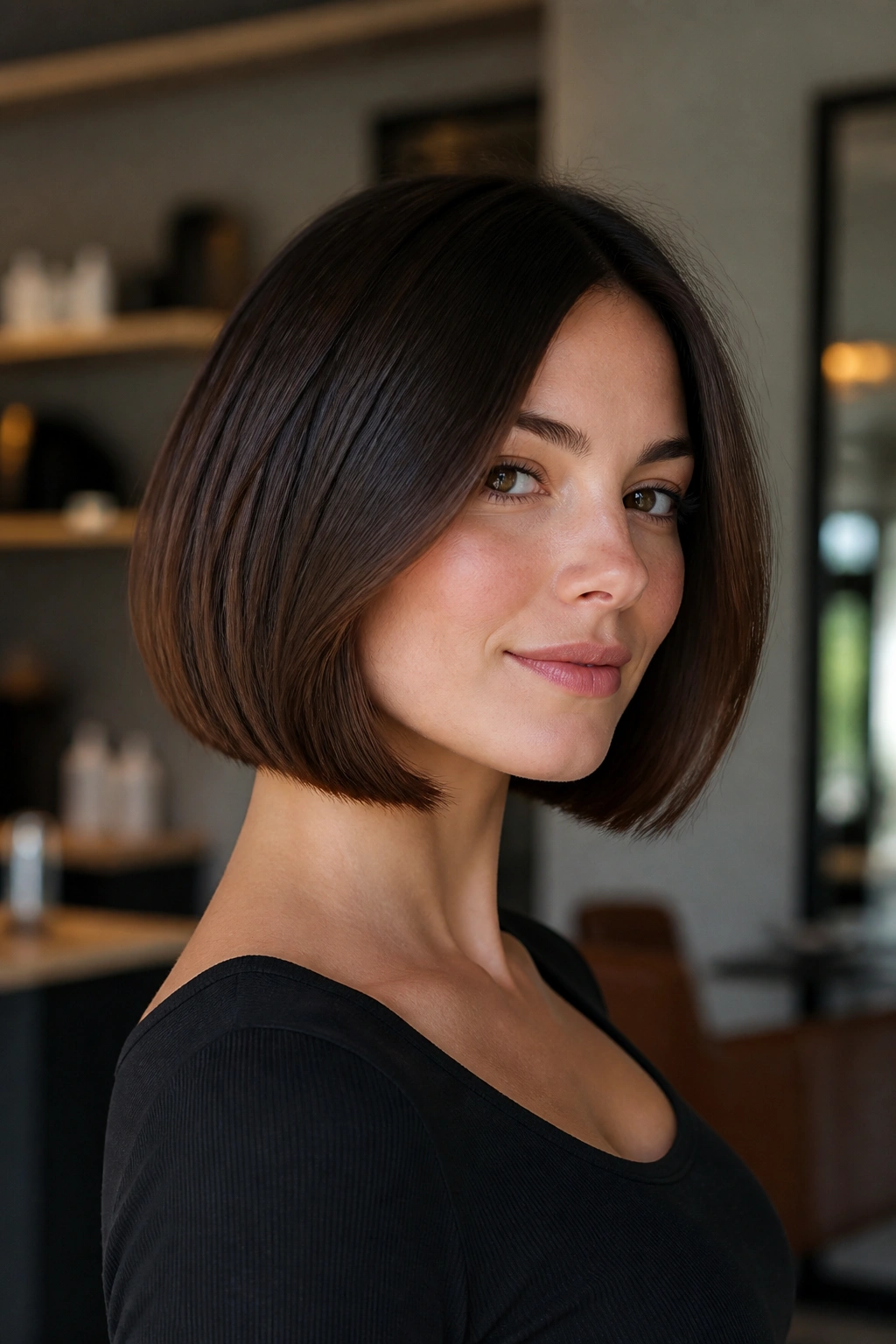 Medium close-up of a woman with a box bob and internal layers in a soft urban setting