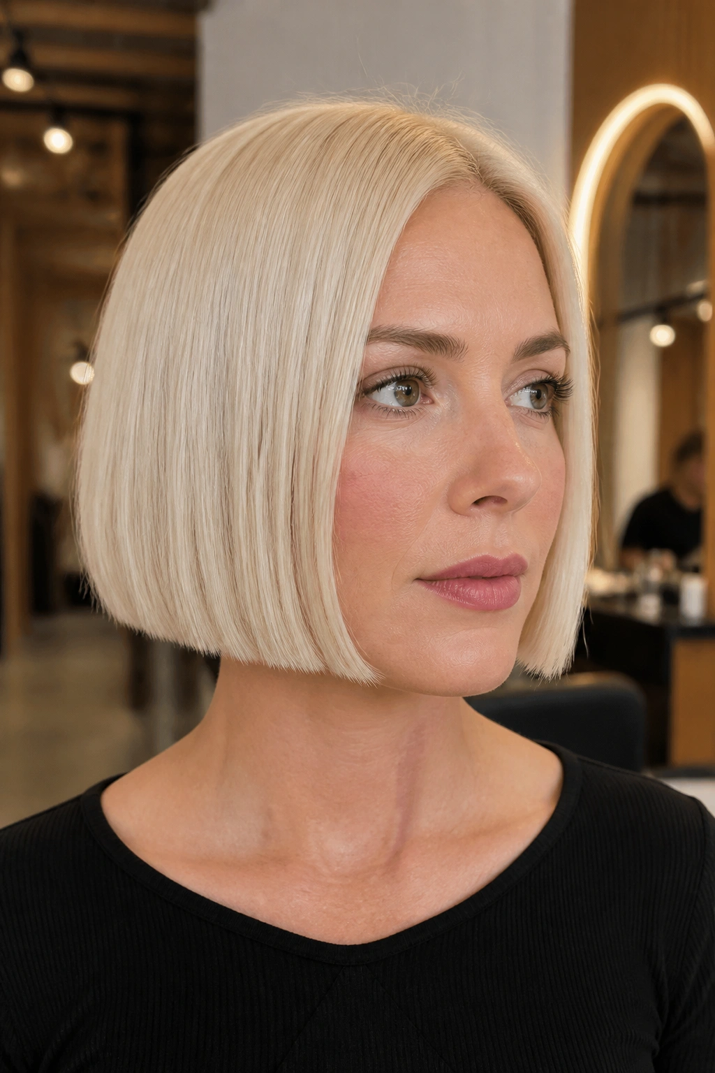 Real woman with a jaw-grazing box bob in warm salon lighting