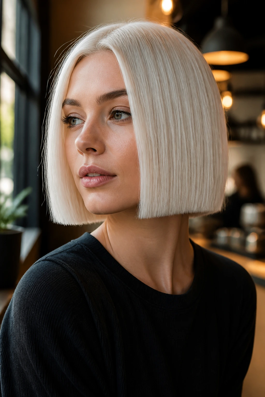 Portrait of real woman with blunt platinum box bob and square edge.