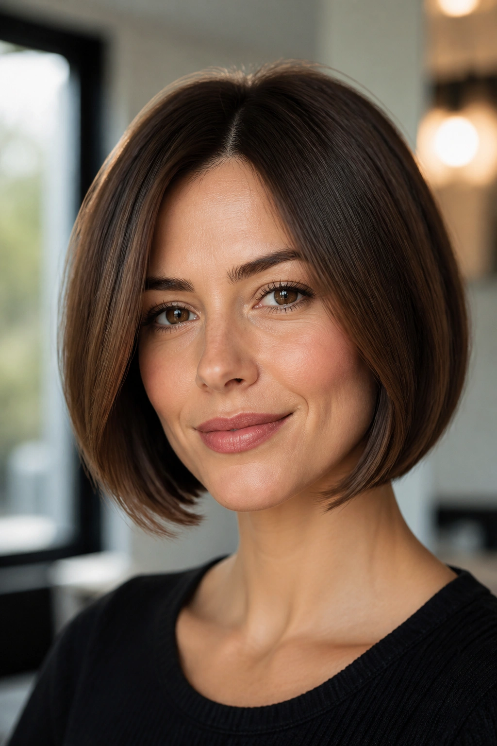 Close-up portrait of a real woman wearing a box bob with rounded corners