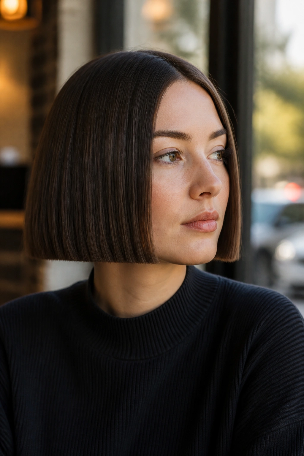 Close-up of a real person with a box bob with sharp corners in a cafe setting