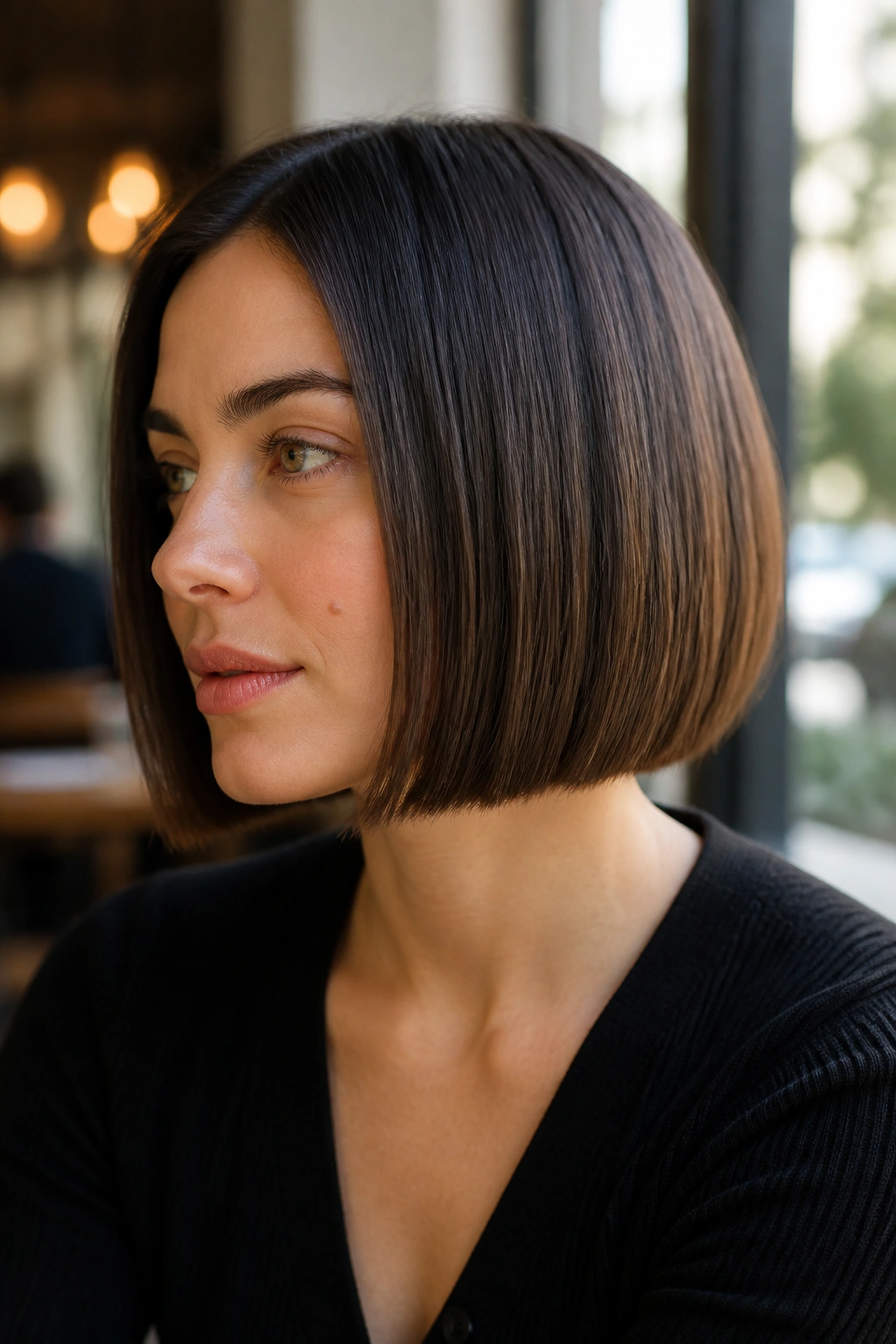 Close-up of real woman with box bob and crisp edges