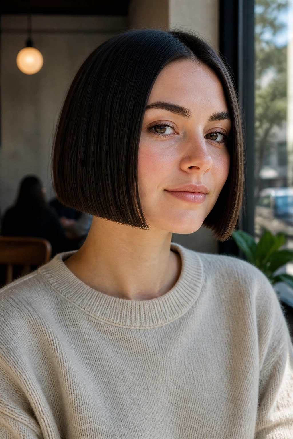 Portrait of a real woman with a box bob and sharp jawline edges