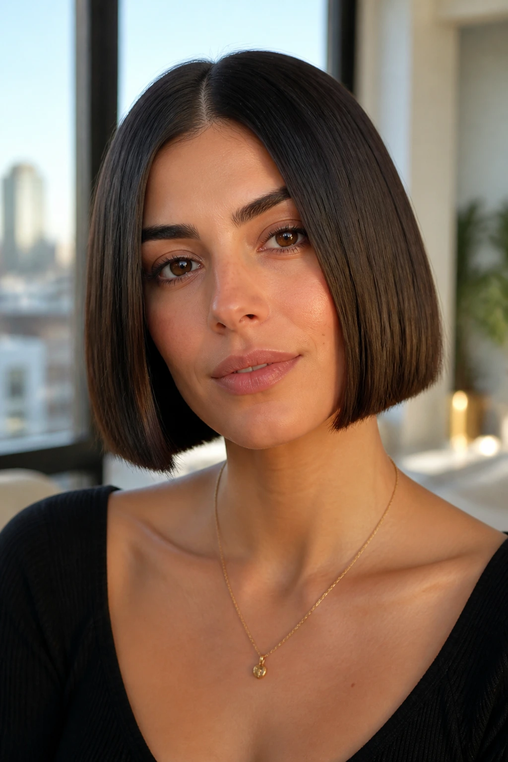 Close-up portrait of a real woman with a box bob and a sharp square outline in warm window light.