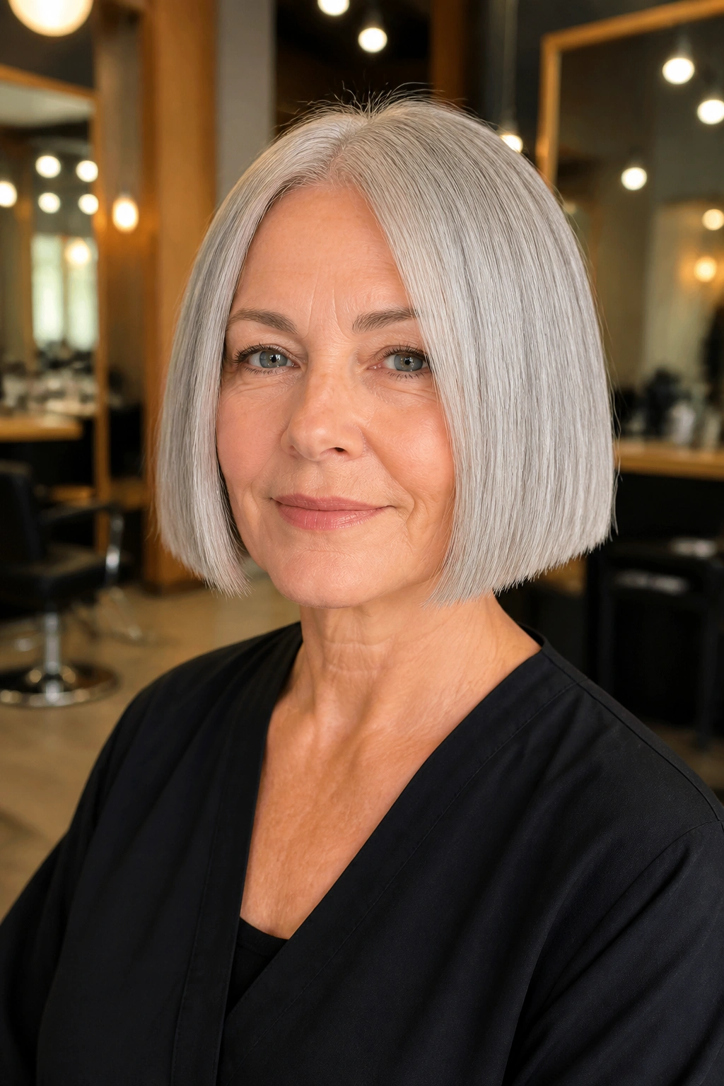 Close-up portrait of a real woman wearing a blunt square-cut box bob in silver
