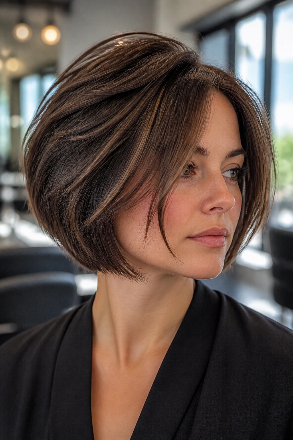 Close-up of a woman with Box Bob with Textured Interior Layers