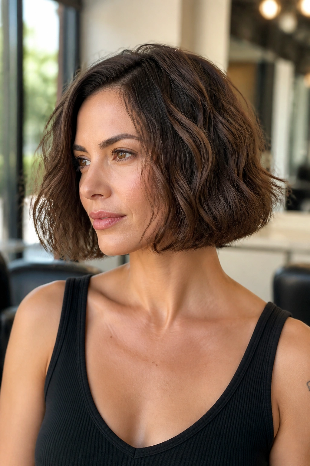 Close-up portrait of a real woman with a Box Bob for Wavy Hair, blunt ends and square silhouette.