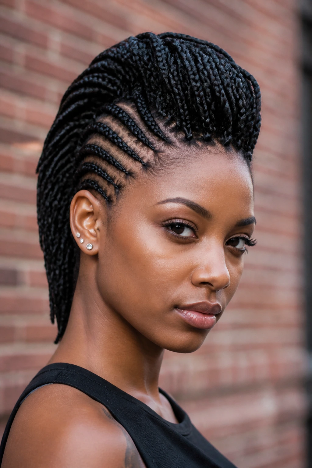 Close-up of a real person with box braids mohawk near a brick wall