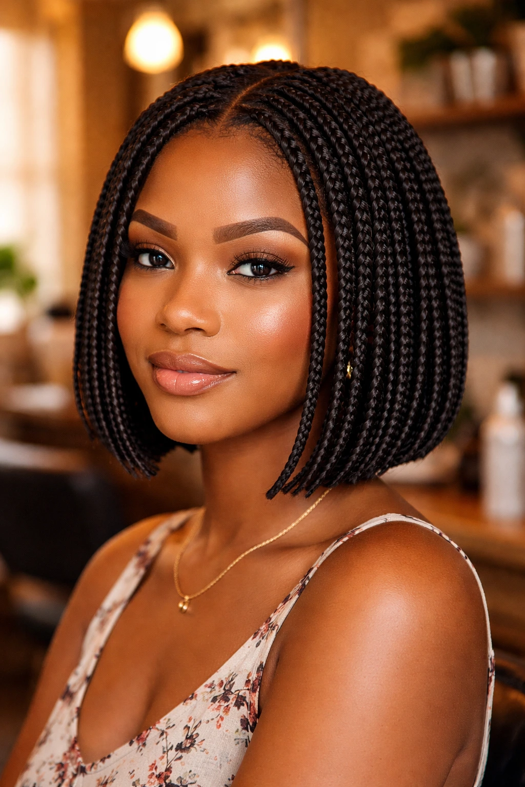 Close-up portrait of a real woman with a box braided bob in a warm salon