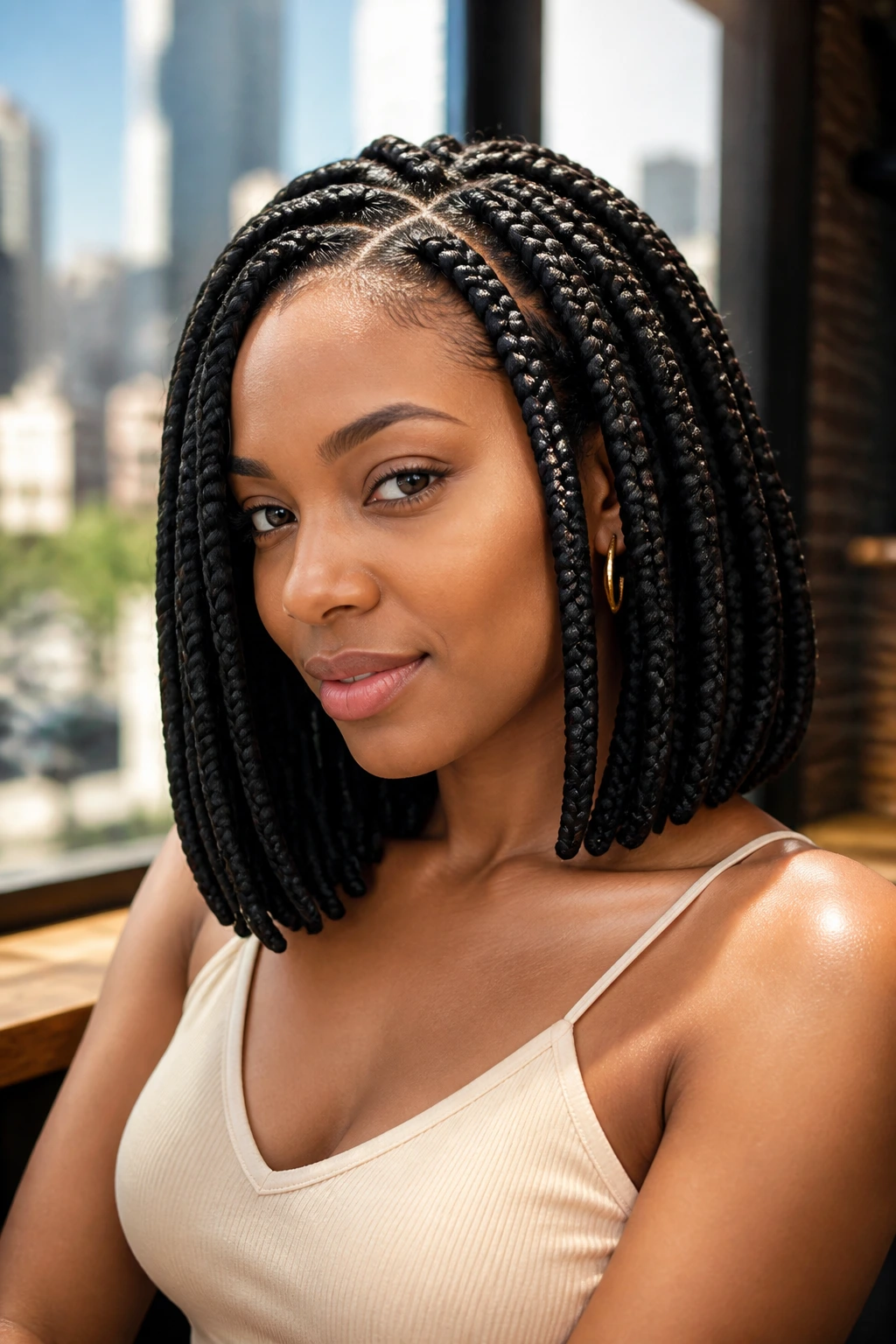 Real woman with shoulder-grazing box braid bob in warm cafe light