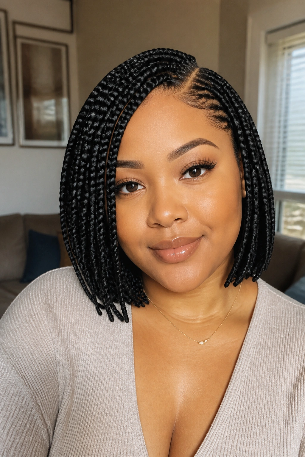 Close-up of a real woman with side-parted box braids bob, length below chin, diagonal part