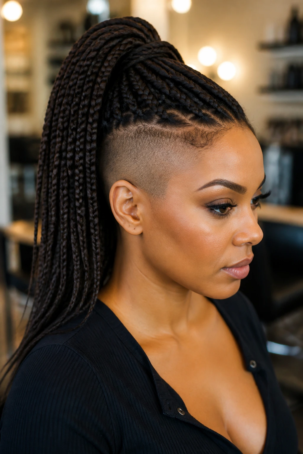 Close-up portrait of a real woman with box braids pulled into a braided ponytail over shaved temples