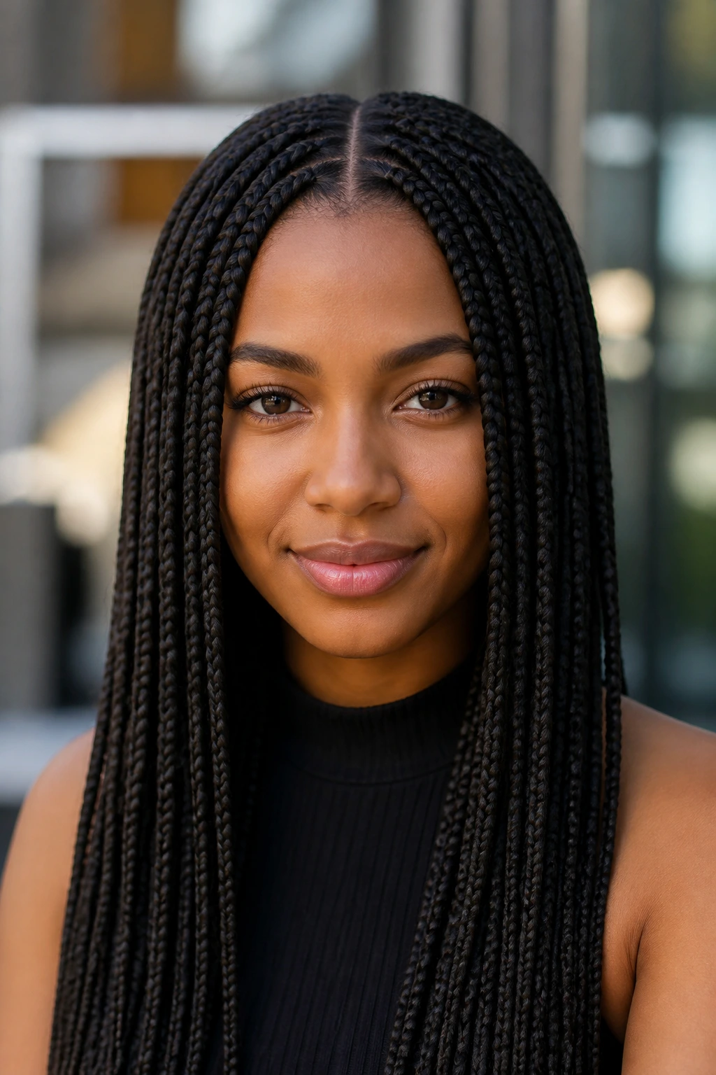 Close-up portrait of a real woman with long box braids and a center part