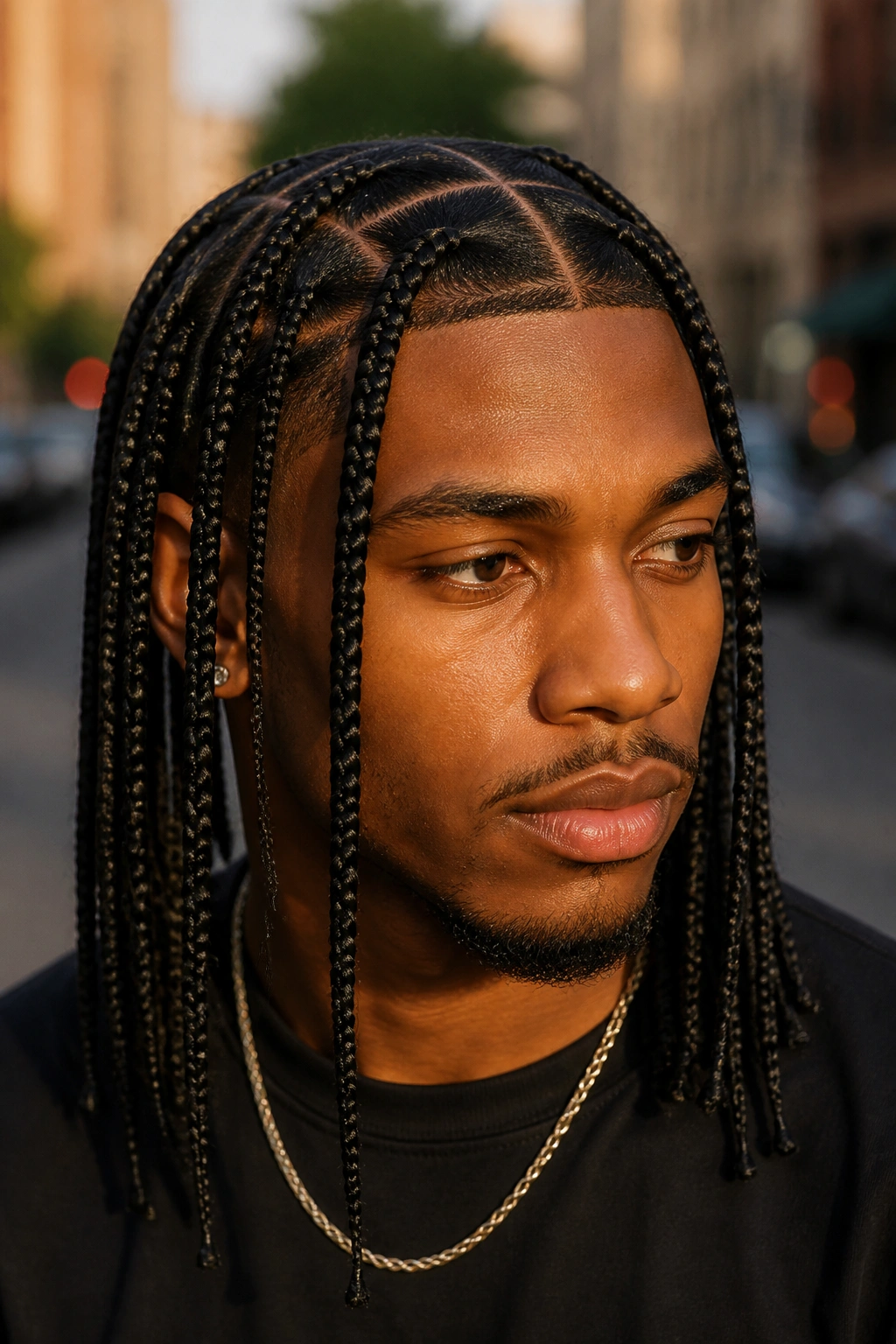 Close-up of a man with box braids and clean parting against a city backdrop