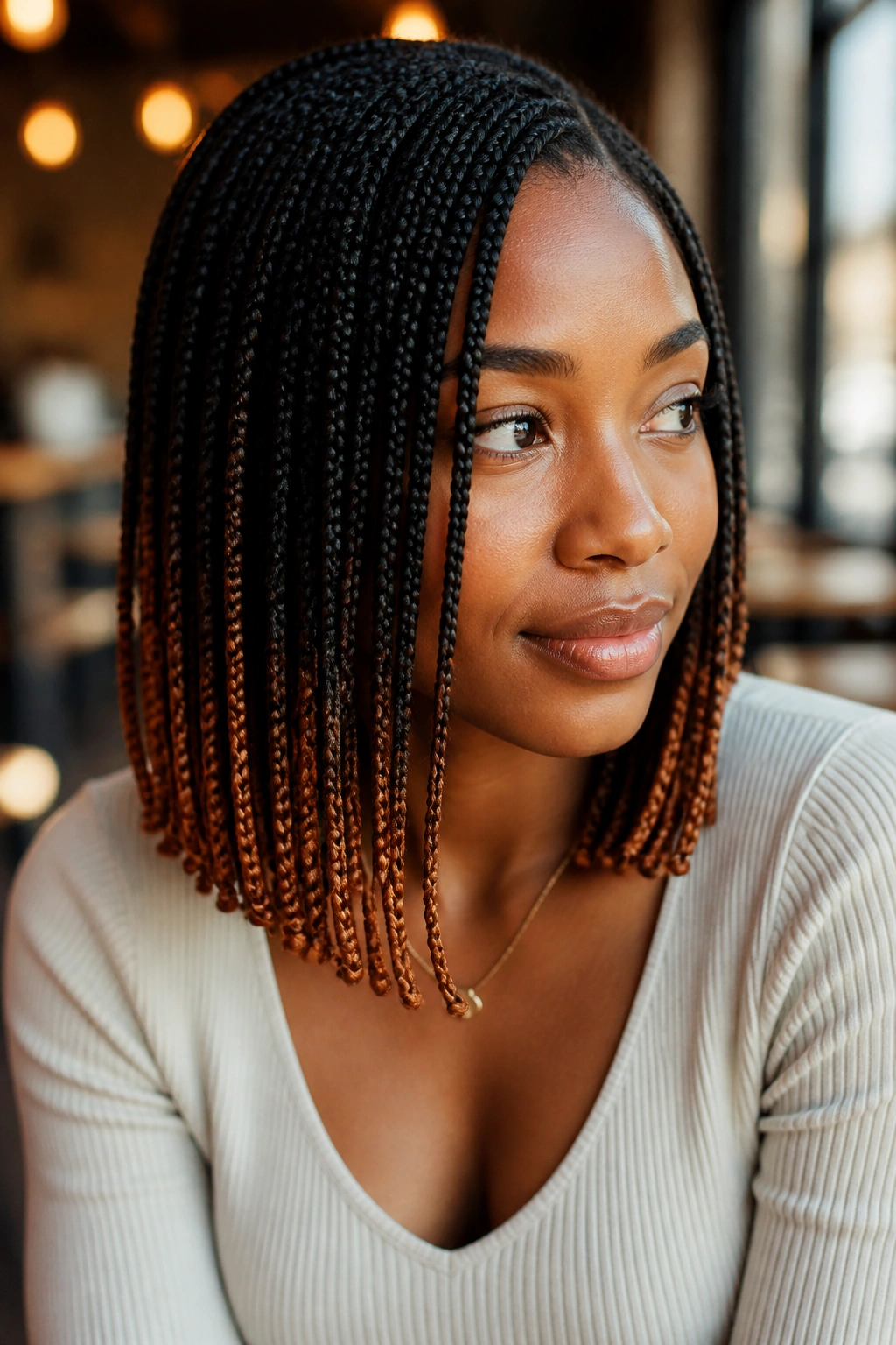Close-up of small box braids with color at the ends