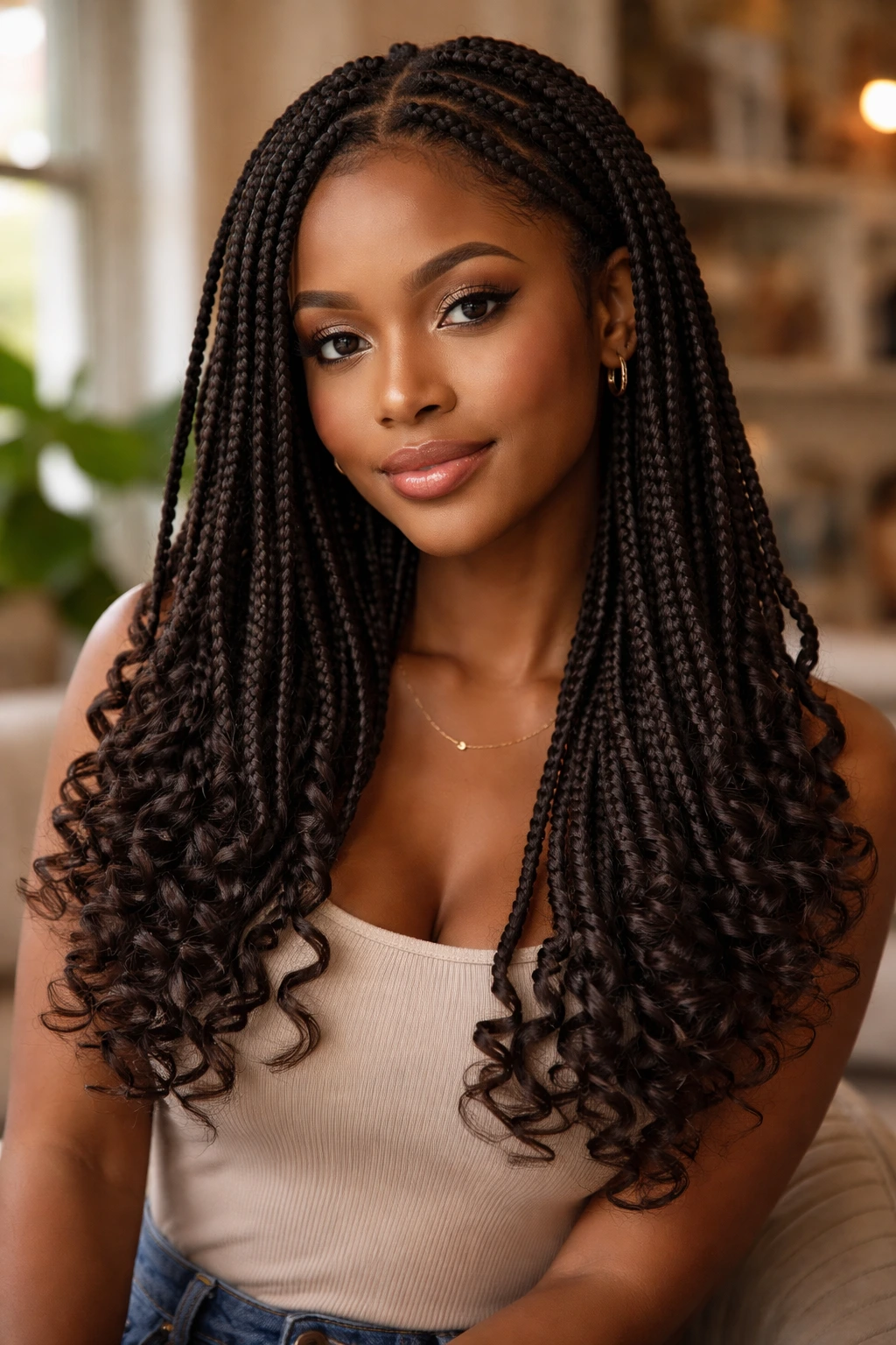 Close-up of a real woman wearing Box Braids with Curly Ends in soft window light