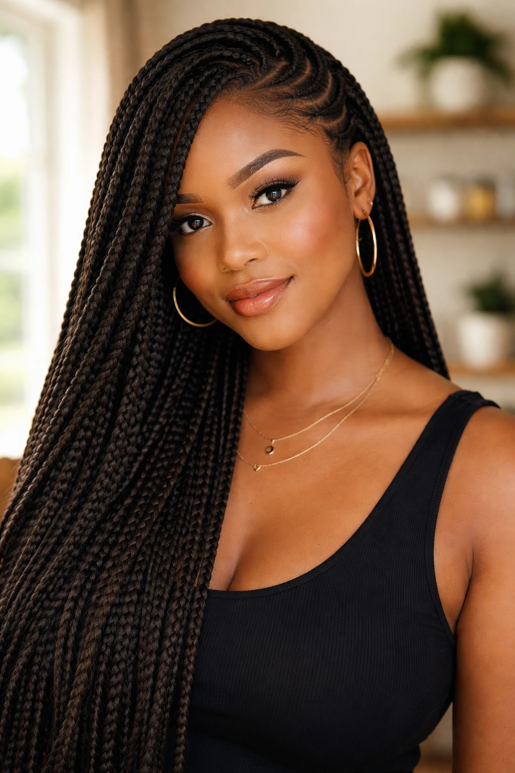 Close-up of a real woman with long box braids and a deep side part.