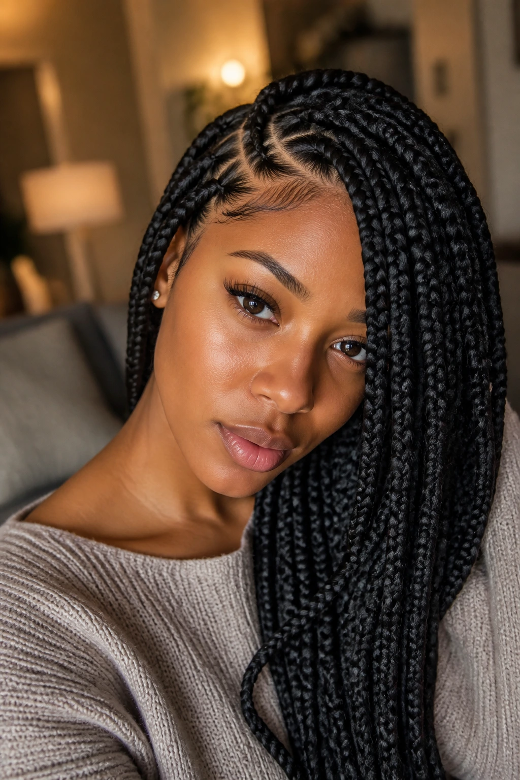 Real woman with deep side-part big box braids under warm ambient light