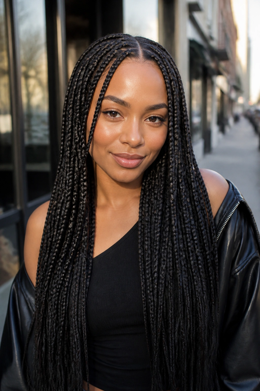 Portrait of a woman with long box braids and face-framing pieces outdoors