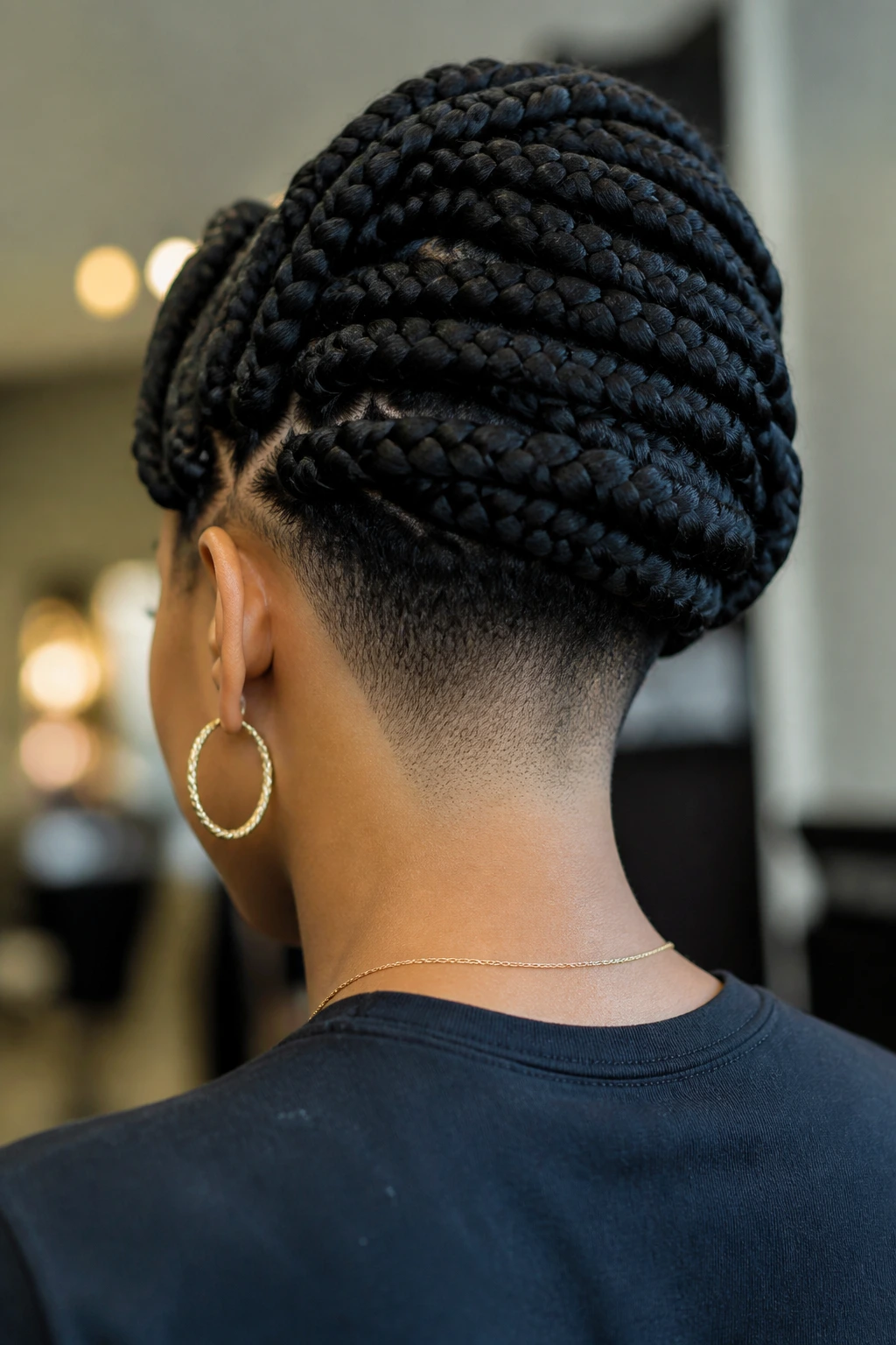 Real person with jumbo box braids over a tapered nape