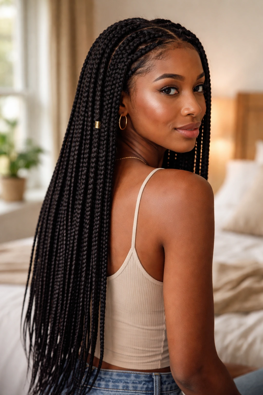 Close-up portrait of a real woman with mid-back length box braids under natural window light