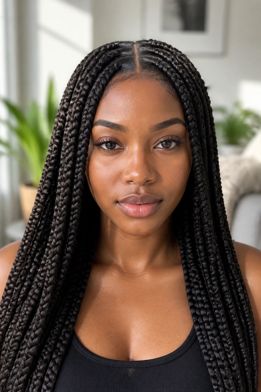 Real woman with clean middle-part box braids in a bright room