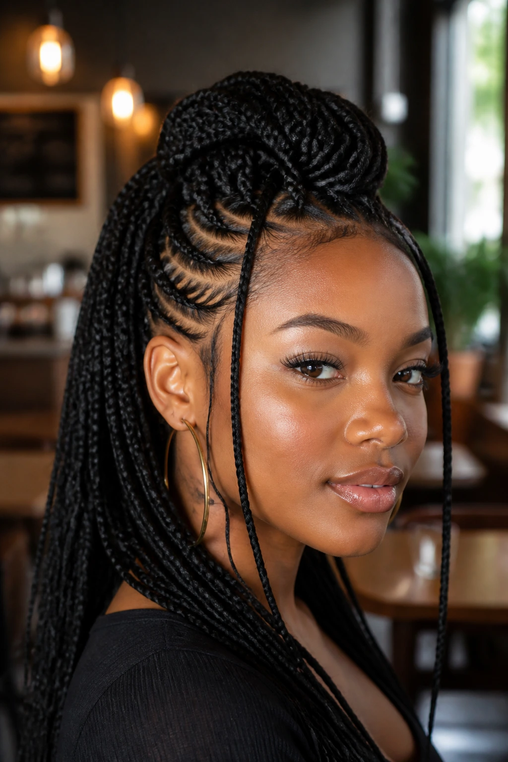 Close-up portrait of a person with box braids styled into a faux hawk.