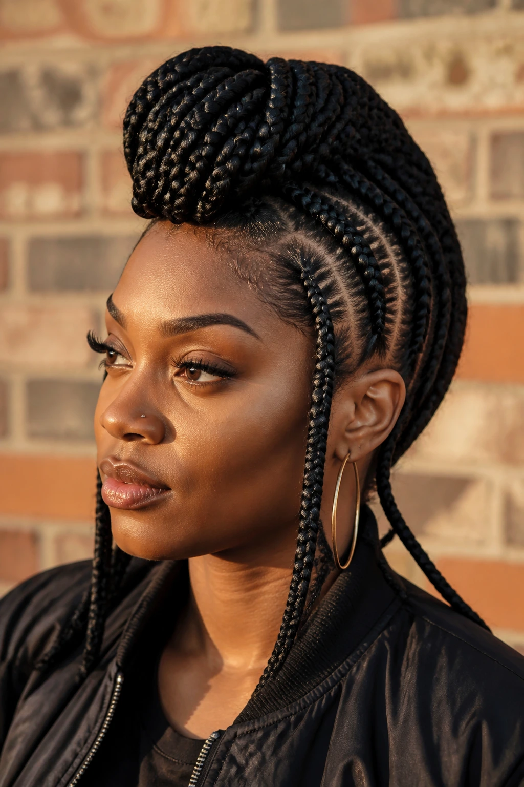 Close-up portrait of a real woman with a high box-braid mohawk in an urban setting