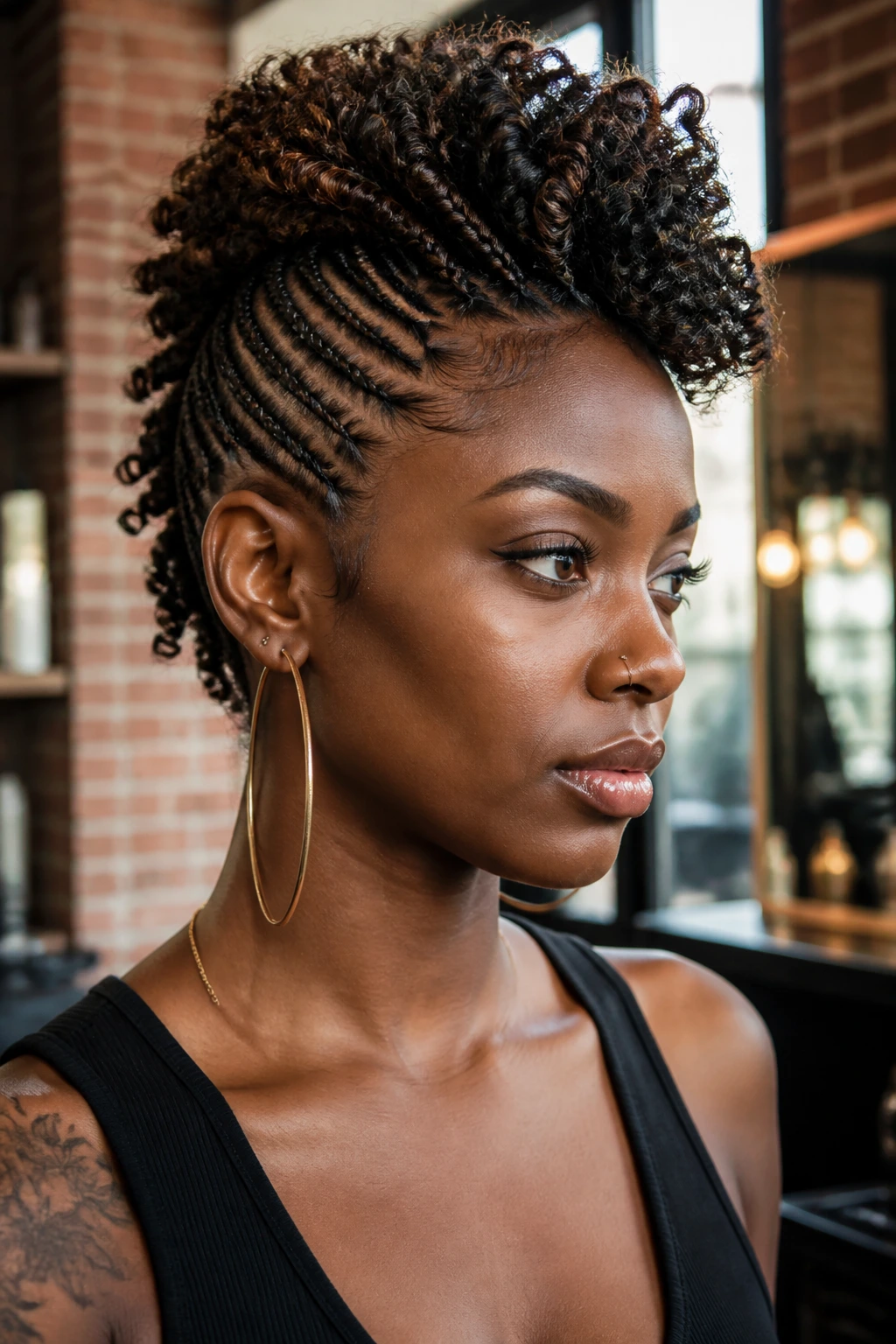 Close-up of a real woman with box braids on the sides and a crochet mohawk center.